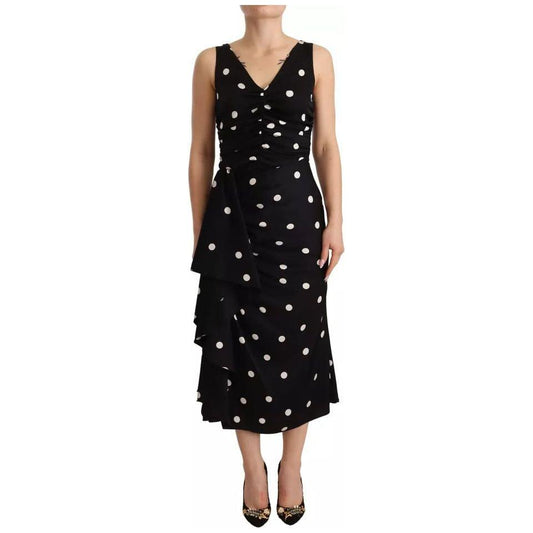 Dolce & Gabbana Black Silk Polka Dots V-neck Sheath Midi Dress Dolce & Gabbana