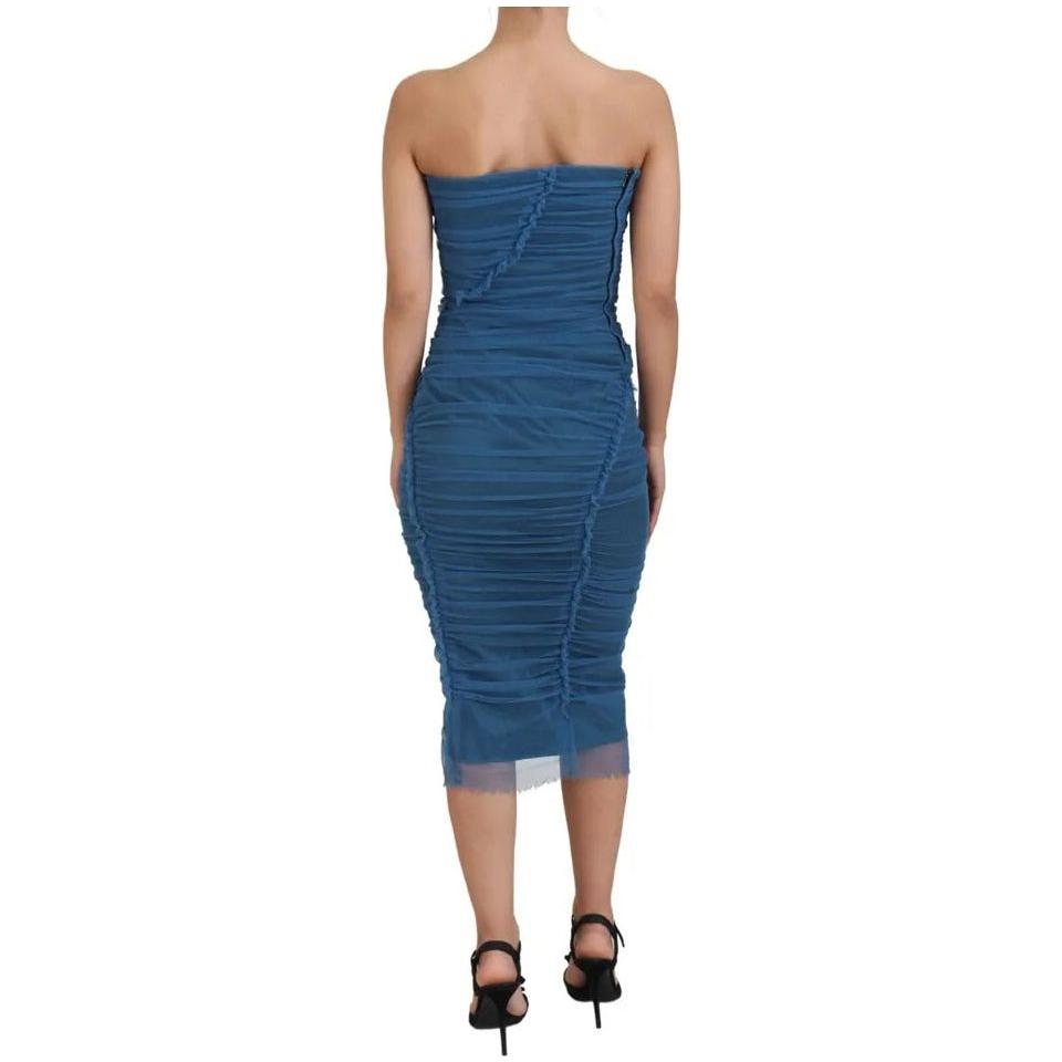 Dolce & Gabbana Blue Mesh Trim Ruched Tulle Sheath Dress Dolce & Gabbana