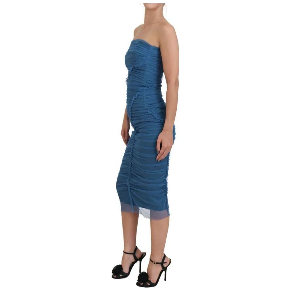 Dolce & Gabbana Blue Mesh Trim Ruched Tulle Sheath Dress Dolce & Gabbana