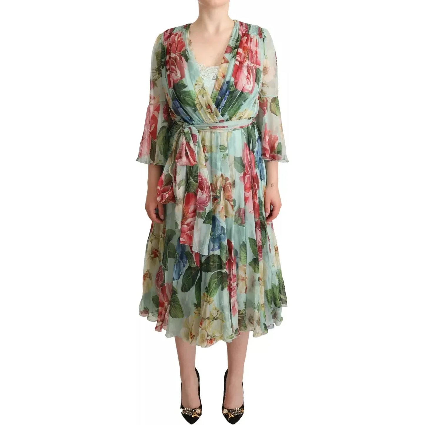 Dolce & Gabbana Green Floral Long Sleeve V-neck Midi Dress Dolce & Gabbana