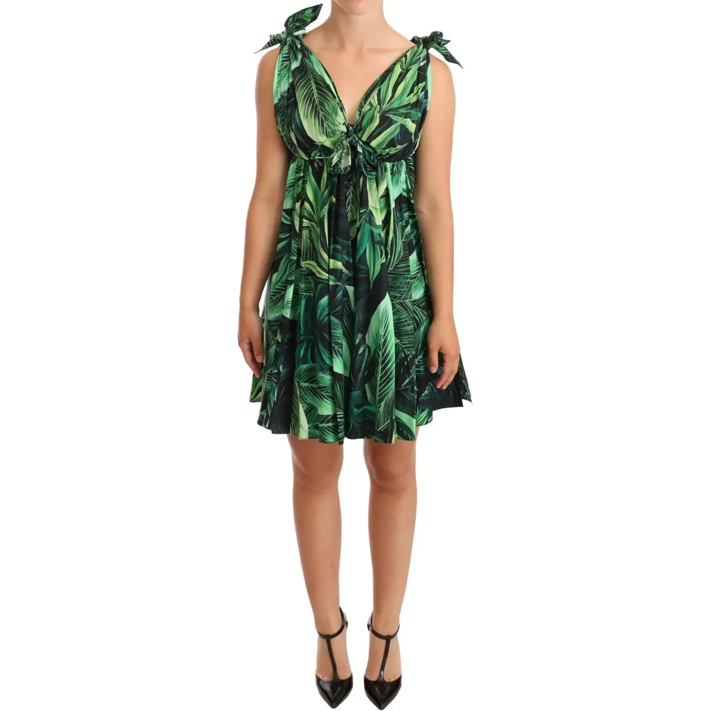 Dolce & Gabbana Green Leaves Print Cotton Flared Mini Dress Dolce & Gabbana