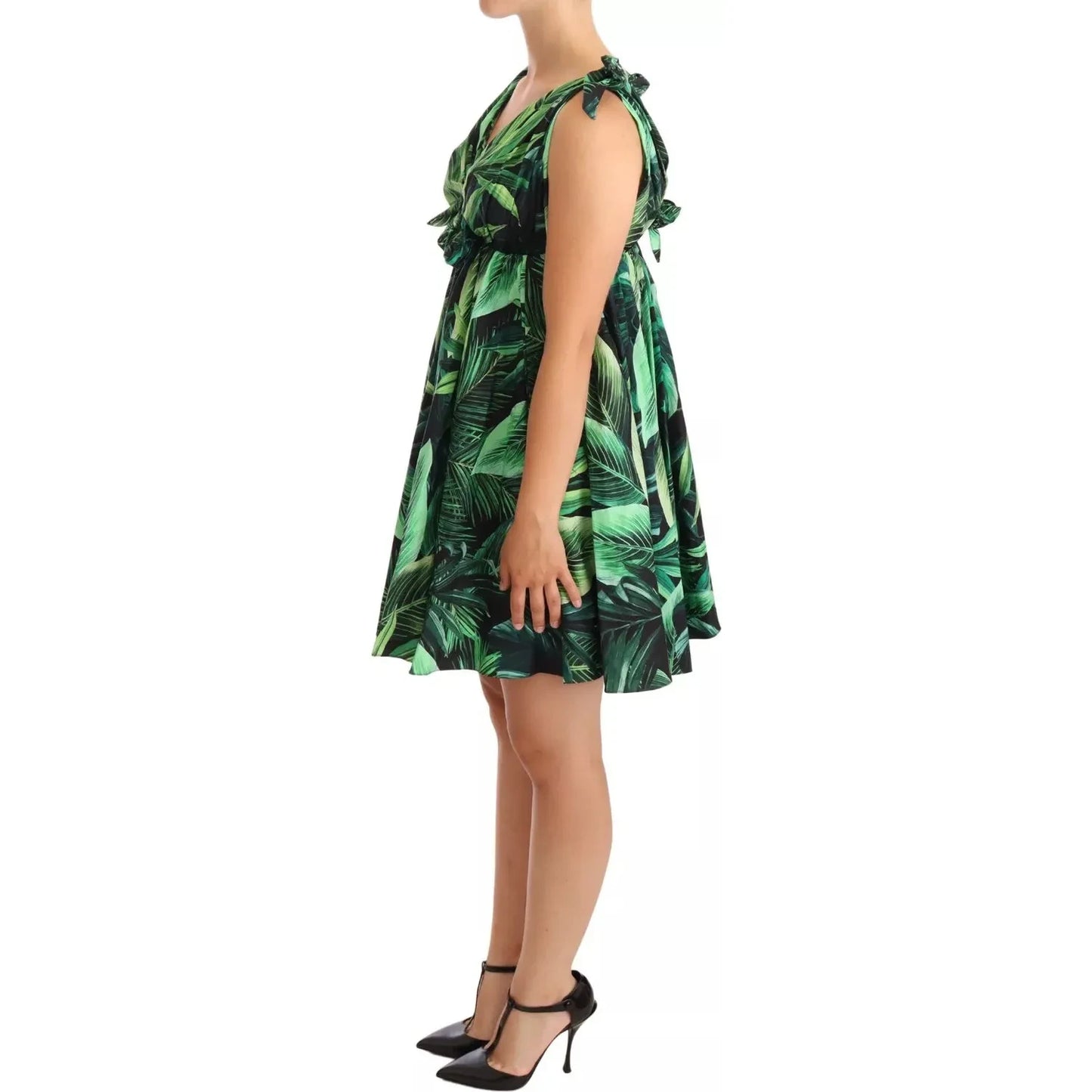 Dolce & Gabbana Green Leaves Print Cotton Flared Mini Dress Dolce & Gabbana