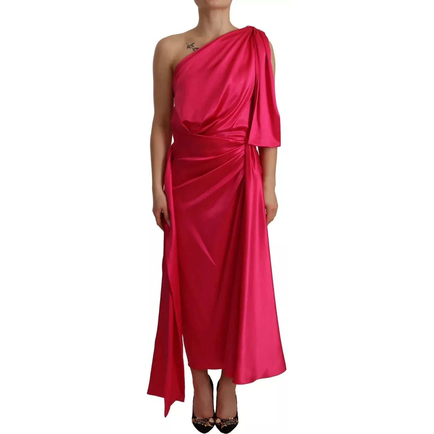 Dolce & Gabbana Silk Pink Fitted Cut One Shoulder Midi Dress Dolce & Gabbana Brown