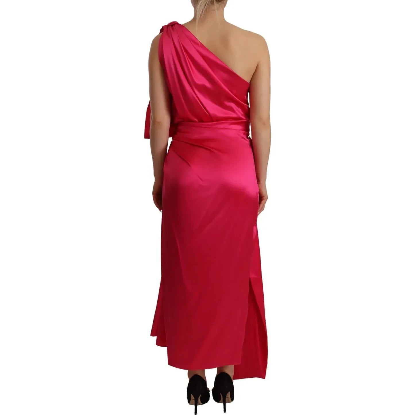 Dolce & Gabbana Silk Pink Fitted Cut One Shoulder Midi Dress Dolce & Gabbana Brown