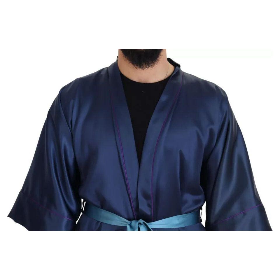 Dolce & Gabbana Blue Satin Silk Waist Belt Robe Jacket Dolce & Gabbana