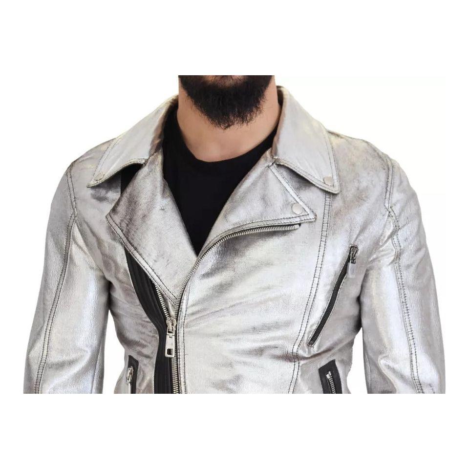 Dolce & Gabbana Silver Leather Biker Coat Lambskin Jacket Dolce & Gabbana