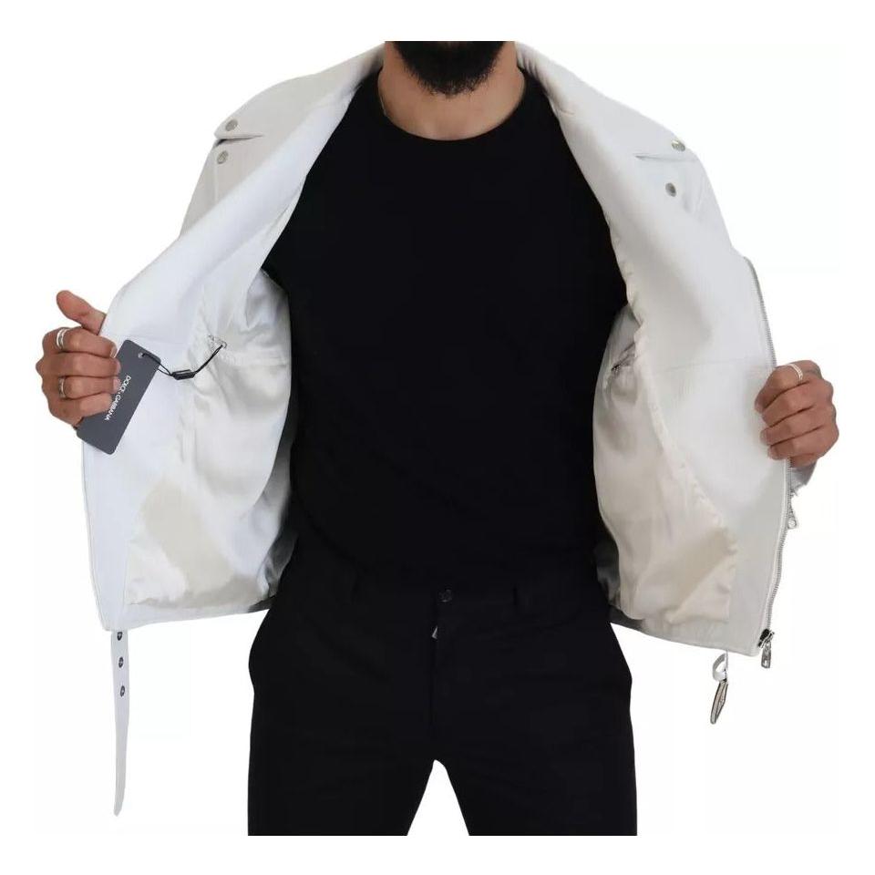 Dolce & Gabbana White Leather Biker Coat Zipper Jacket Dolce & Gabbana