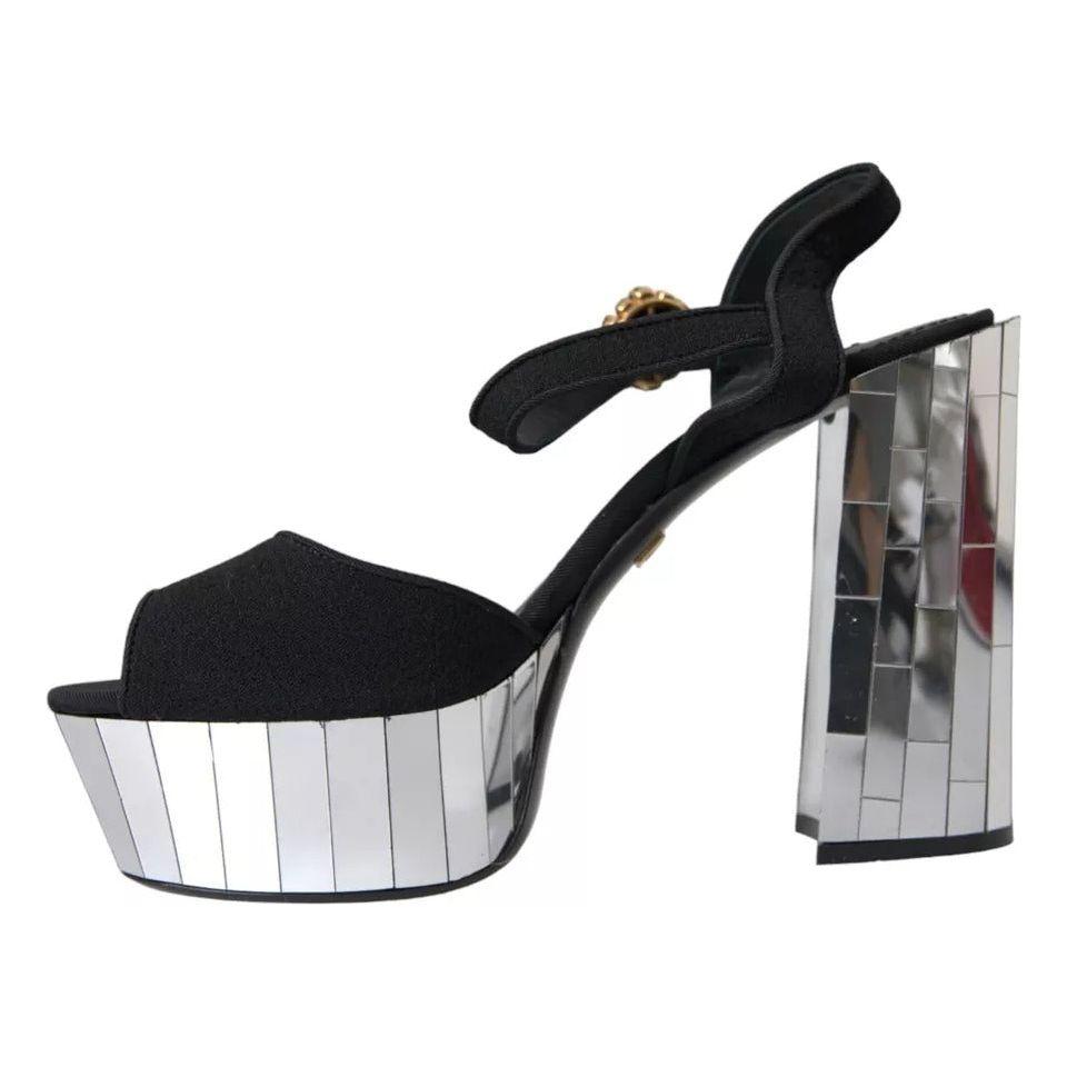 Dolce & Gabbana Black Mirror Heels Crystal Platform Sandals Shoes