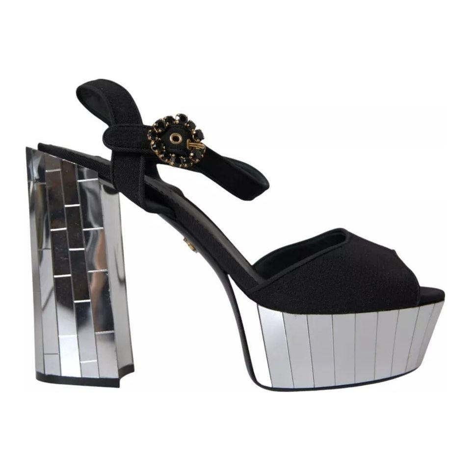 Dolce & Gabbana Black Mirror Heels Crystal Platform Sandals Shoes