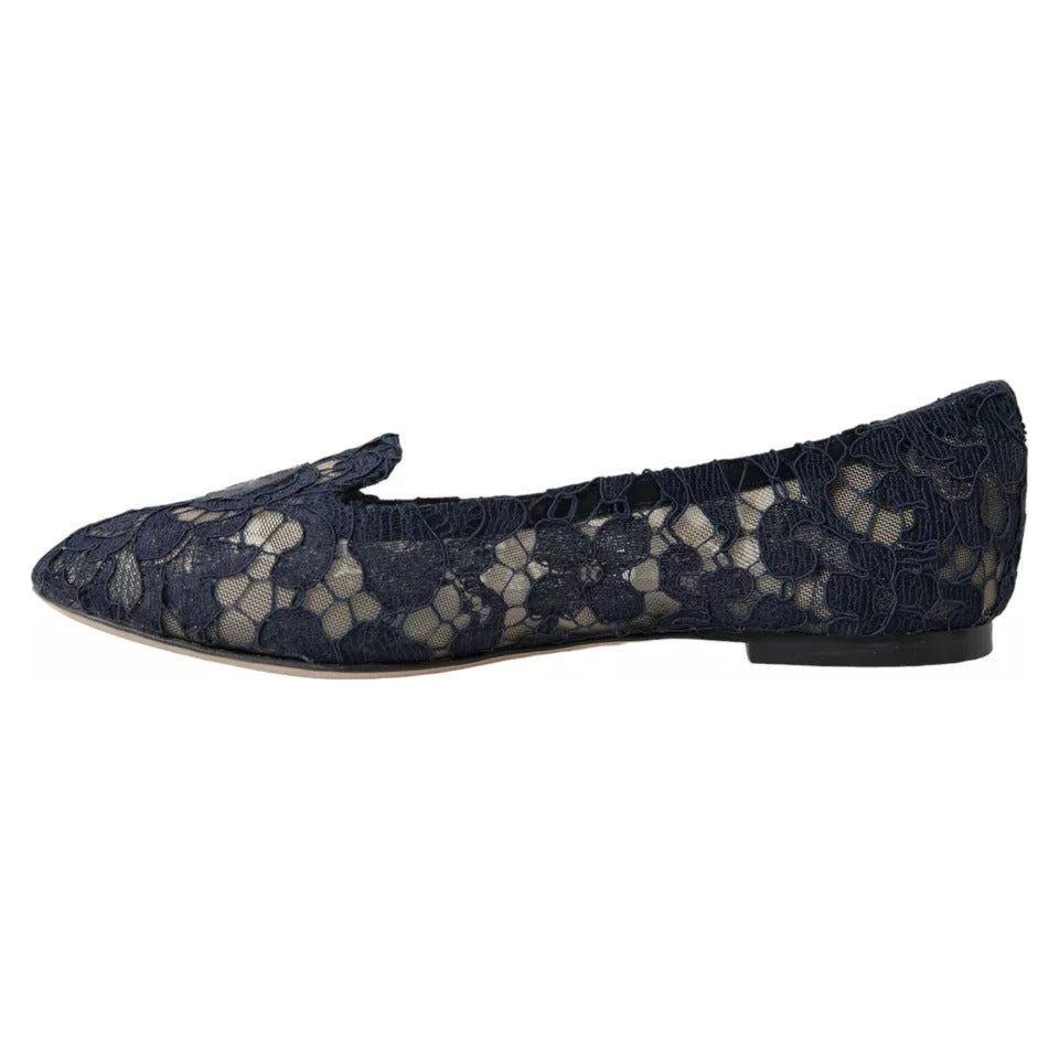 Dolce & Gabbana Dark Blue Taormina Lace Slip On Flats Shoes Dolce & Gabbana