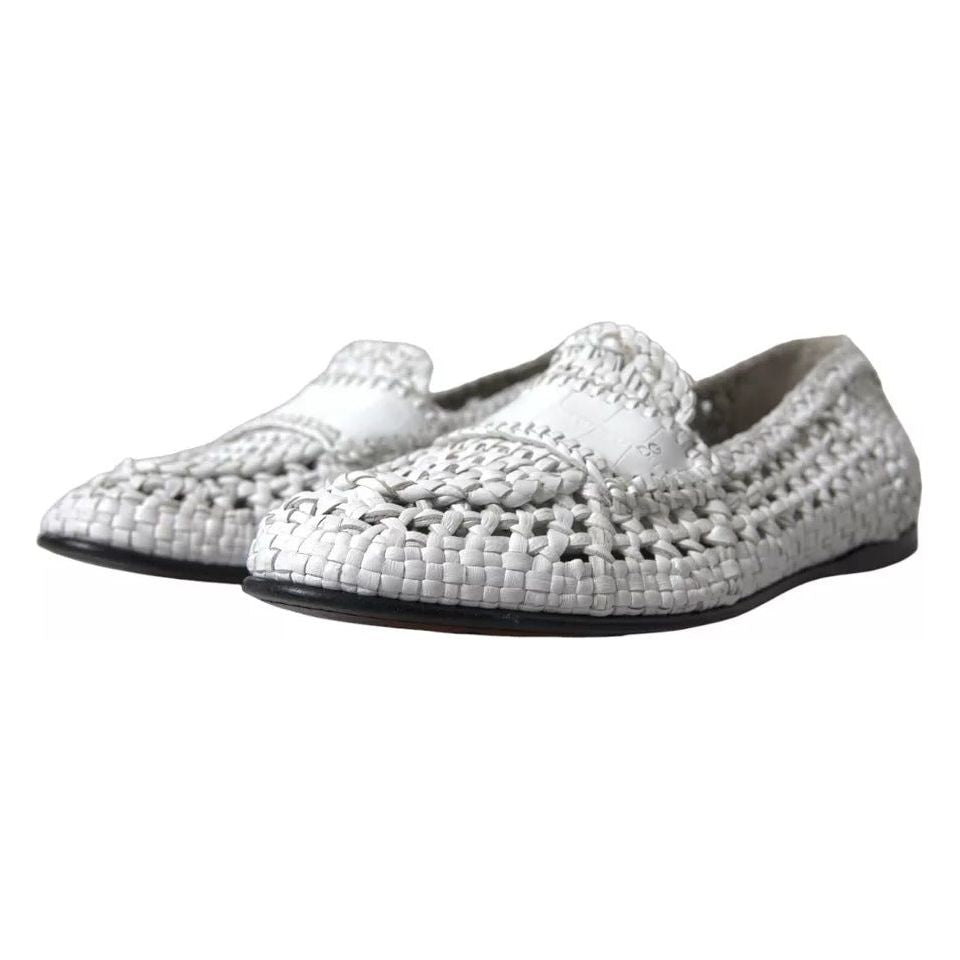 Dolce & Gabbana White Woven Leather Men Slip On Loafers Shoes Dolce & Gabbana