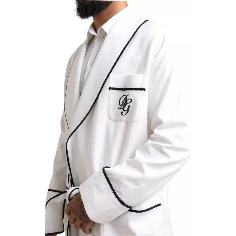 Dolce & Gabbana White Linen Belted Robe DG Logo Sleepwear Dolce & Gabbana