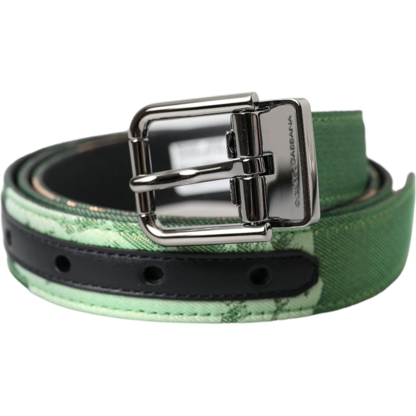 Dolce & Gabbana Green Leather Jacquard Silver Metal Buckle Belt Dolce & Gabbana