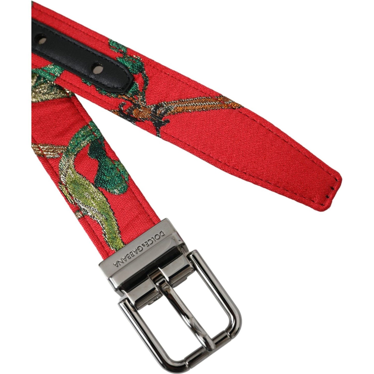 Dolce & Gabbana Red Leather Jacquard Silver Metal Buckle Belt Dolce & Gabbana