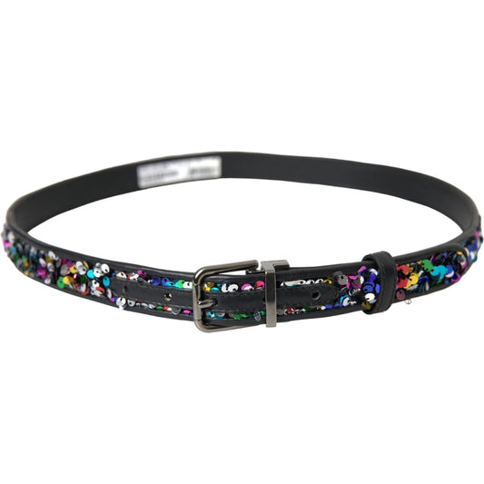 Dolce & Gabbana Black Sequined Silver Metal Buckle Women Belt Dolce & Gabbana