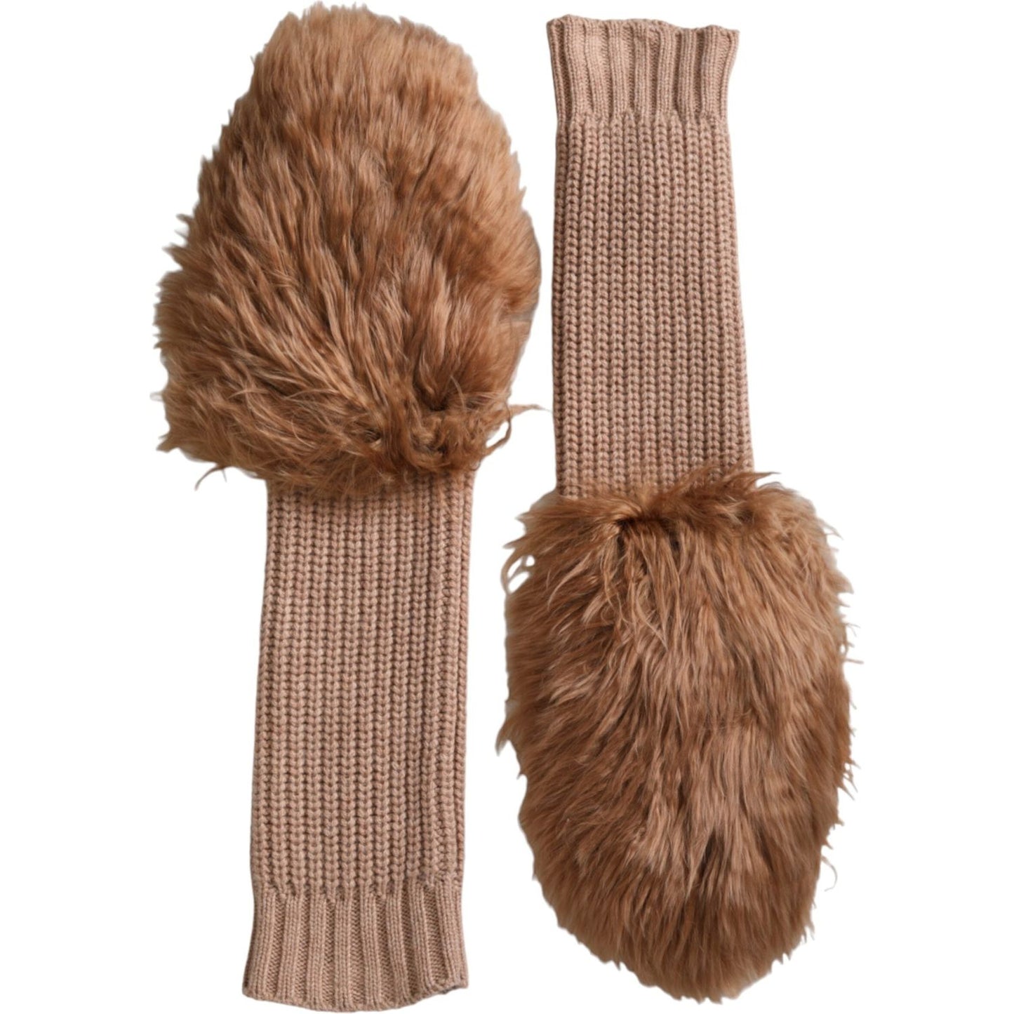 Dolce & Gabbana Brown Cashmere Knitted Fur Mid Arm Mitten Gloves Dolce & Gabbana