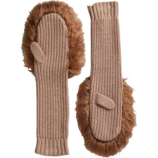 Dolce & Gabbana Brown Cashmere Knitted Fur Mid Arm Mitten Gloves Dolce & Gabbana