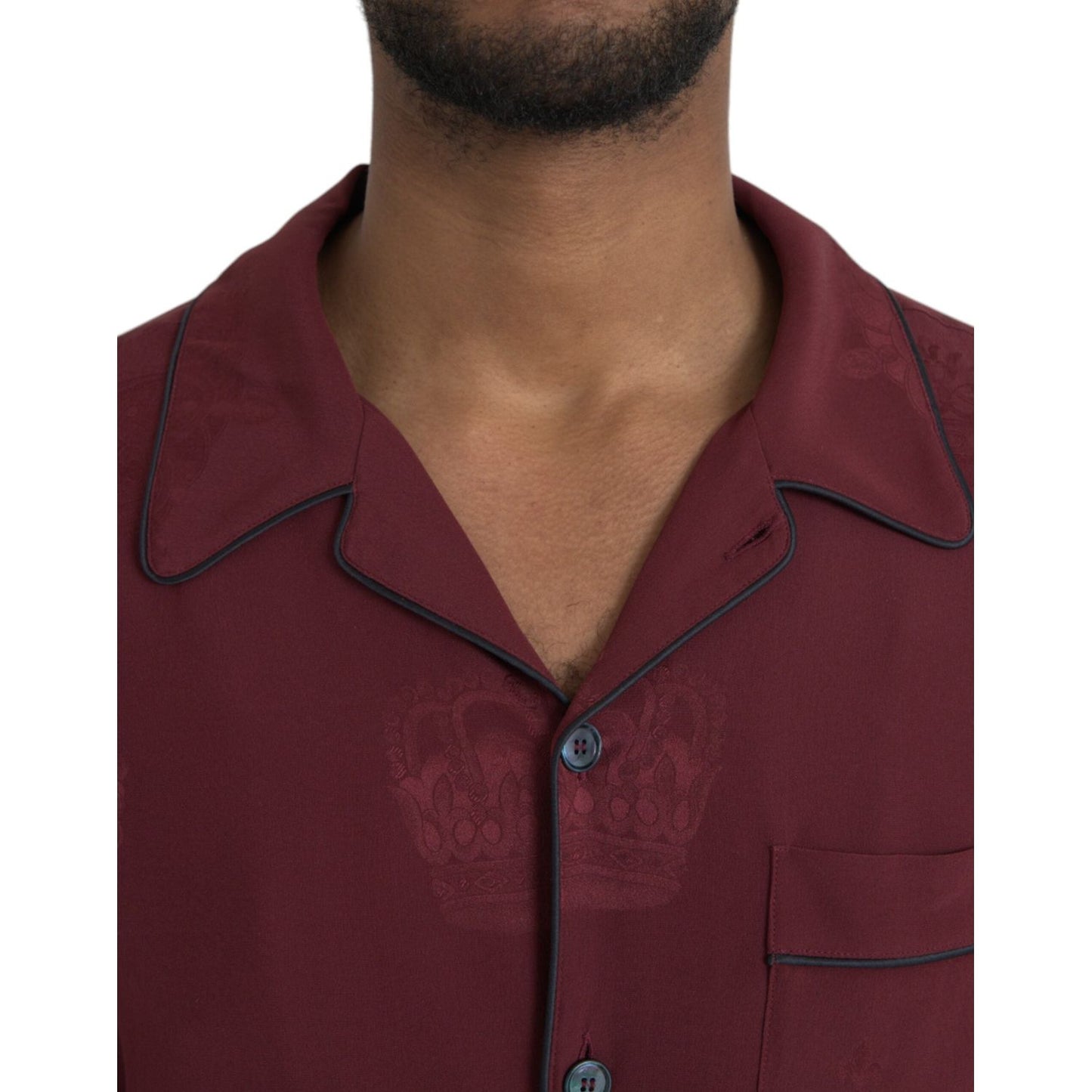 Dolce & Gabbana Maroon Crown Jacquard Silk Long Sleeve Shirt Dolce & Gabbana