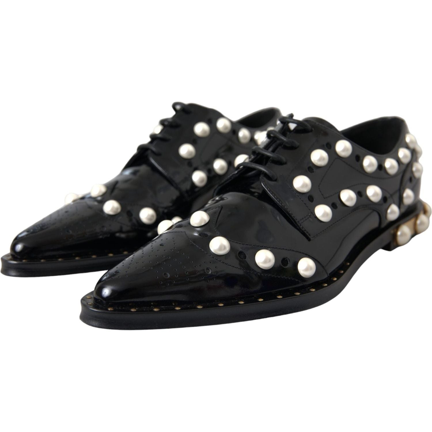 Dolce & Gabbana Black Leather Faux Pearl Dress Broque Shoes