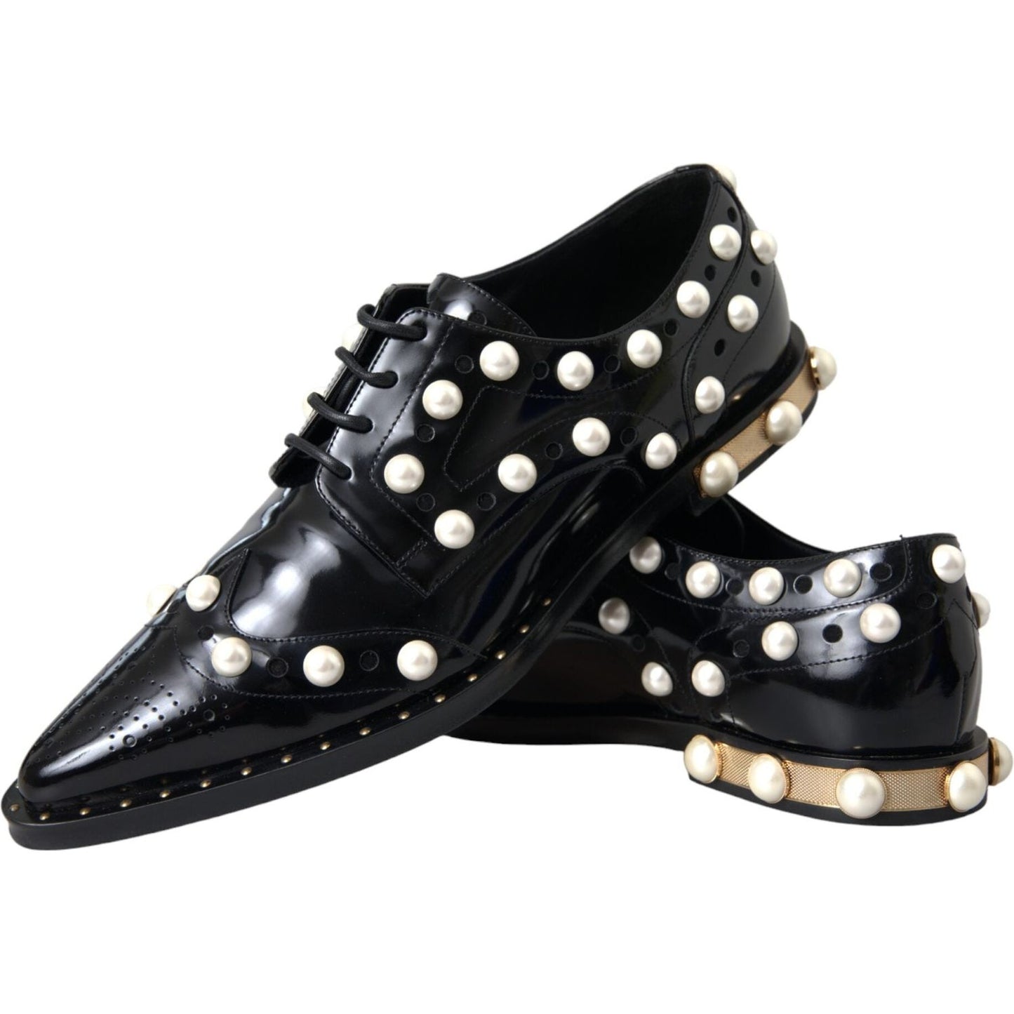 Dolce & Gabbana Black Leather Faux Pearl Dress Broque Shoes Dolce & Gabbana