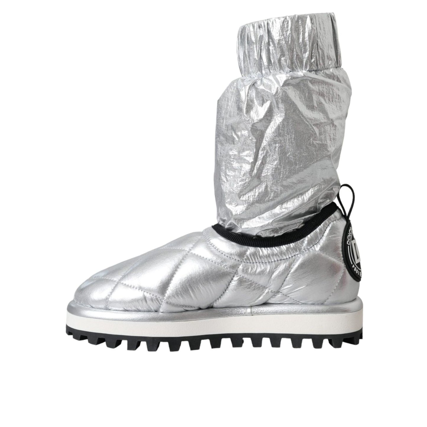Dolce & Gabbana Metallic Silver Quilted Logo Patch Boot Shoes