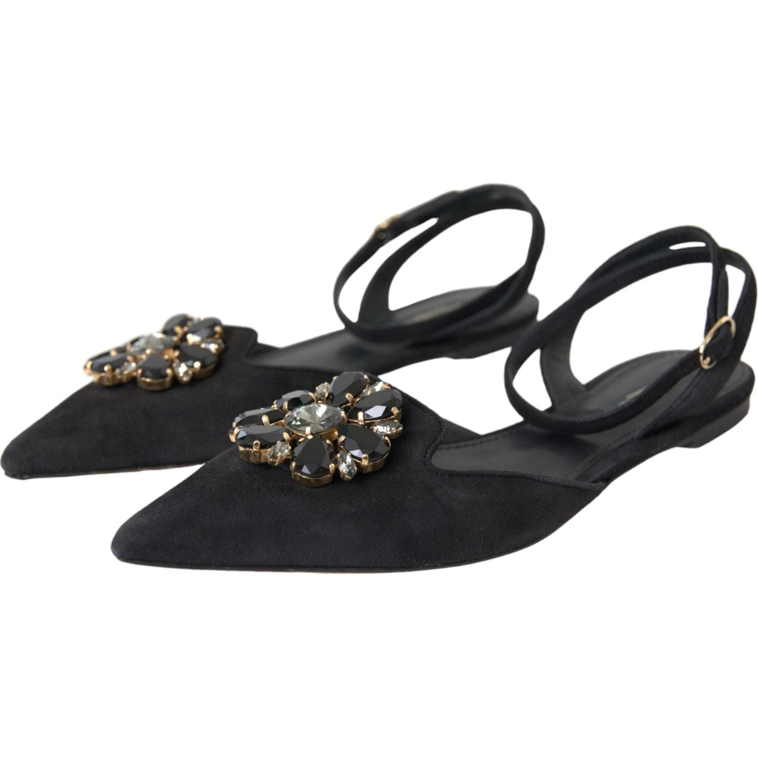 Dolce & Gabbana Black Leather Crystal Slingback Sandals Shoes