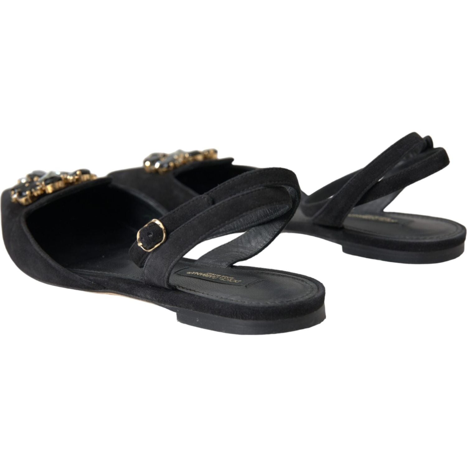 Dolce & Gabbana Black Leather Crystal Slingback Sandals Shoes