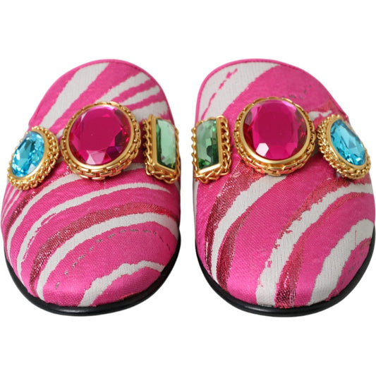 Dolce & Gabbana Pink Jacquard Crystal Mule Flat Sandals Shoes Dolce & Gabbana