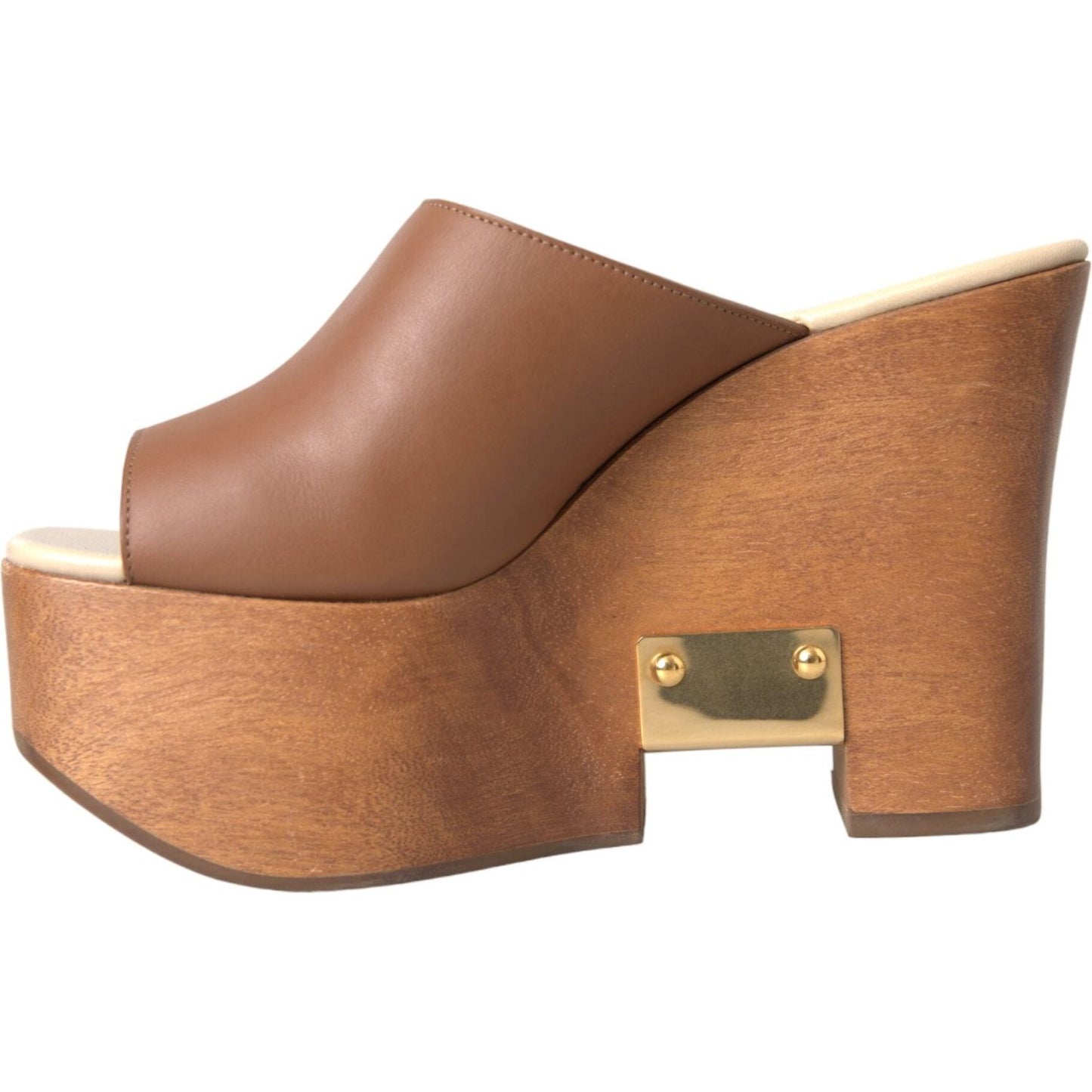 Dolce & Gabbana Brown Leather Wood Mules Wedge Slides Shoes Dolce & Gabbana