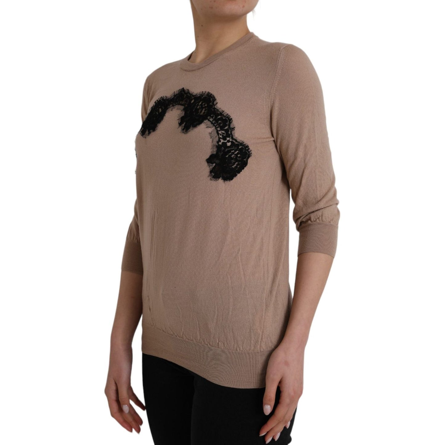 Dolce & Gabbana Brown Wool Black Lace 3/4 Sleeve Blouse Top Dolce & Gabbana