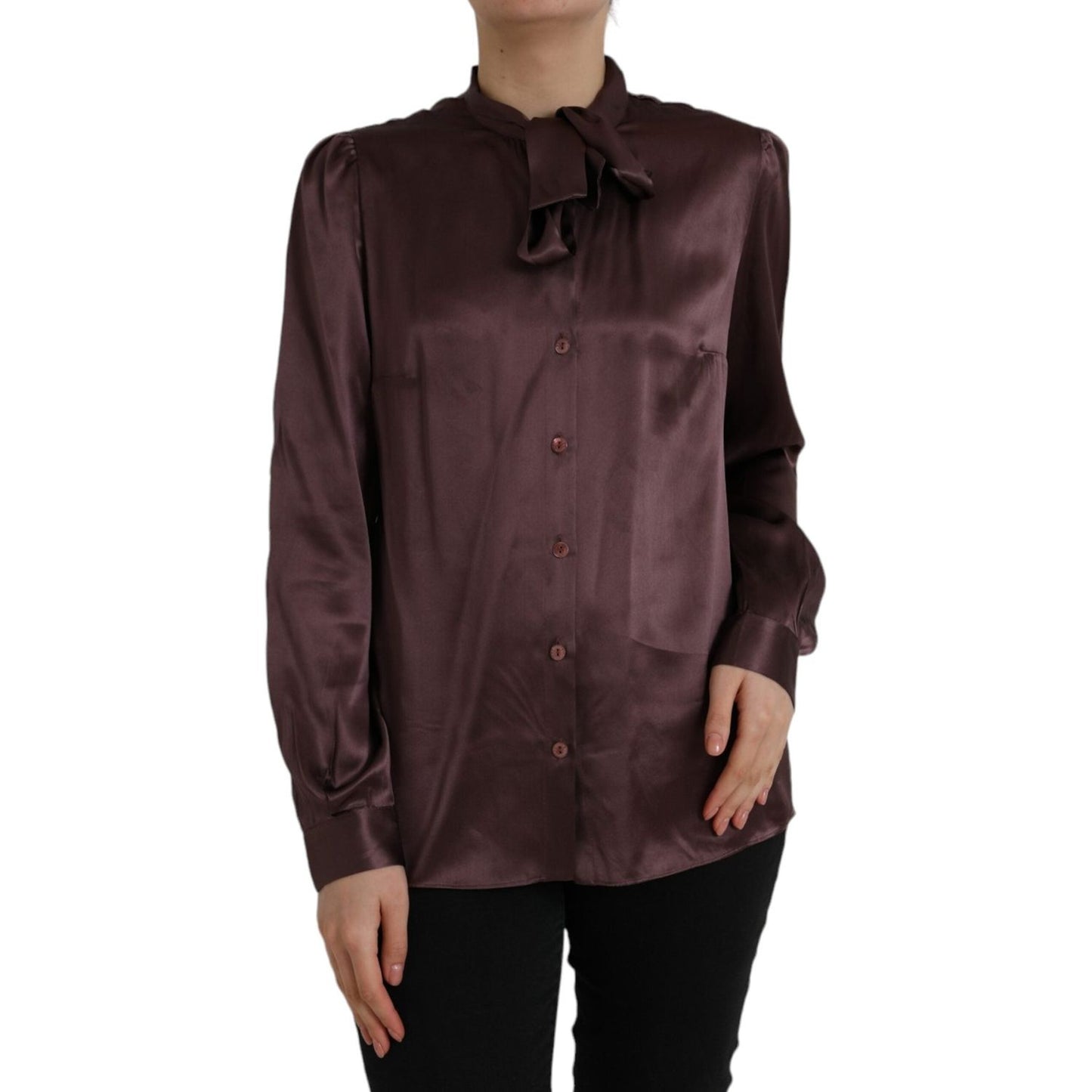 Dolce & Gabbana Brown Ascot Collar Long Sleeve Top Blouse Dolce & Gabbana Dark Slate Gray