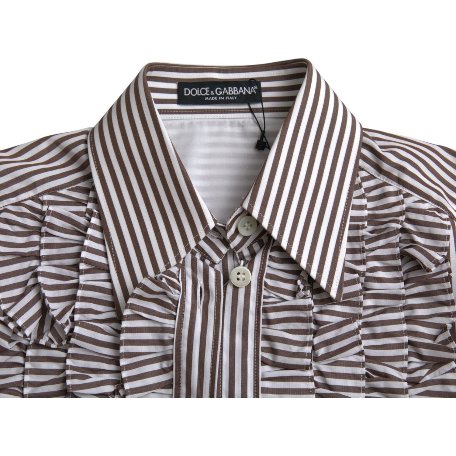 بلوزة دولتشي آند غابانا بيضاء مخططة من القطن بأكمام طويلة وياقة مكشكشة