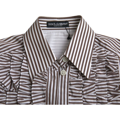 Dolce & Gabbana White Stripes Cotton Long Sleeves Ruffle Collar Top