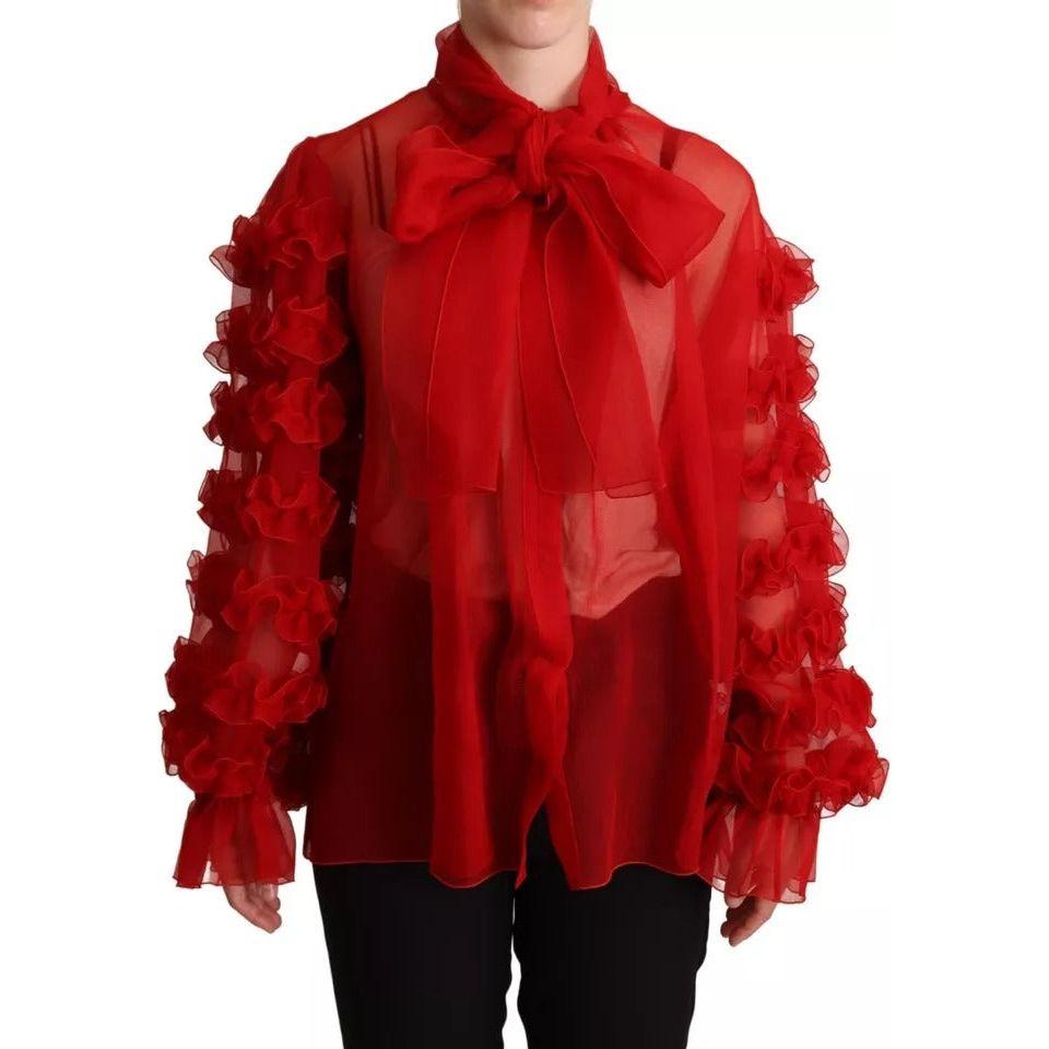 Dolce & Gabbana Red Silk Ascot Collar Ruffles Blouse Top Dolce & Gabbana