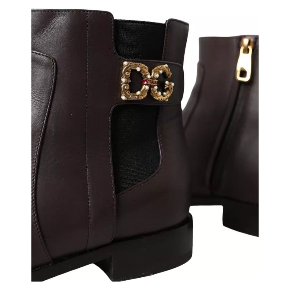 Dolce & Gabbana Brown Leather AMORE Flats Ankle Boots Shoes Dolce & Gabbana