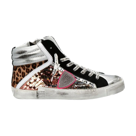 Philippe Model Elegant Gray Leather Sneakers with Sequin Details Philippe Model