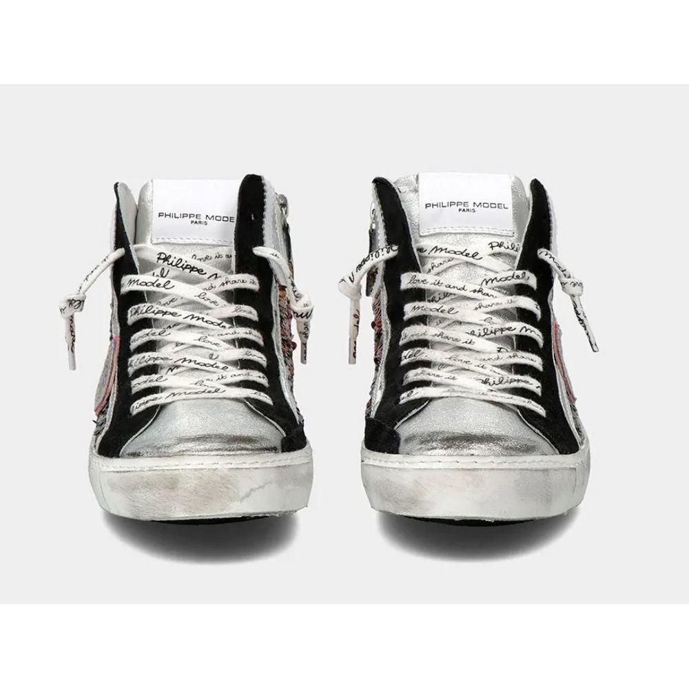 Philippe Model Elegant Gray Leather Sneakers with Sequin Details Philippe Model