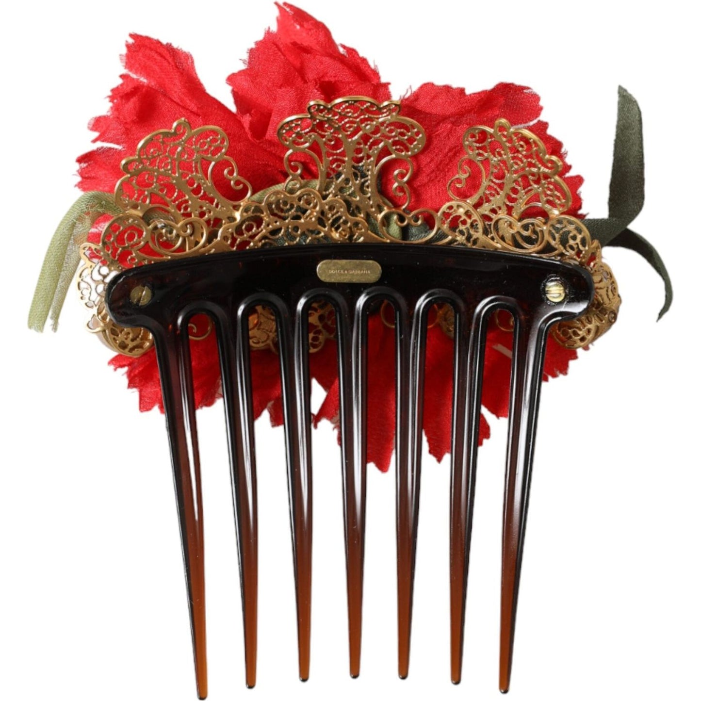 Dolce & Gabbana Red Silk Floral Gold Brass Women Hair Comb Dolce & Gabbana