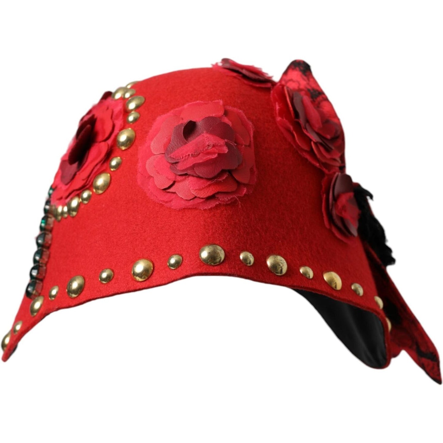 Dolce & Gabbana Red Crystal Gold Roses Brooch Embellished Hat Dolce & Gabbana