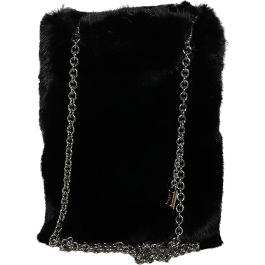 Dolce & Gabbana Black Faux Fur Silver Chain Crossbody Shoulder Purse Bag Dolce & Gabbana