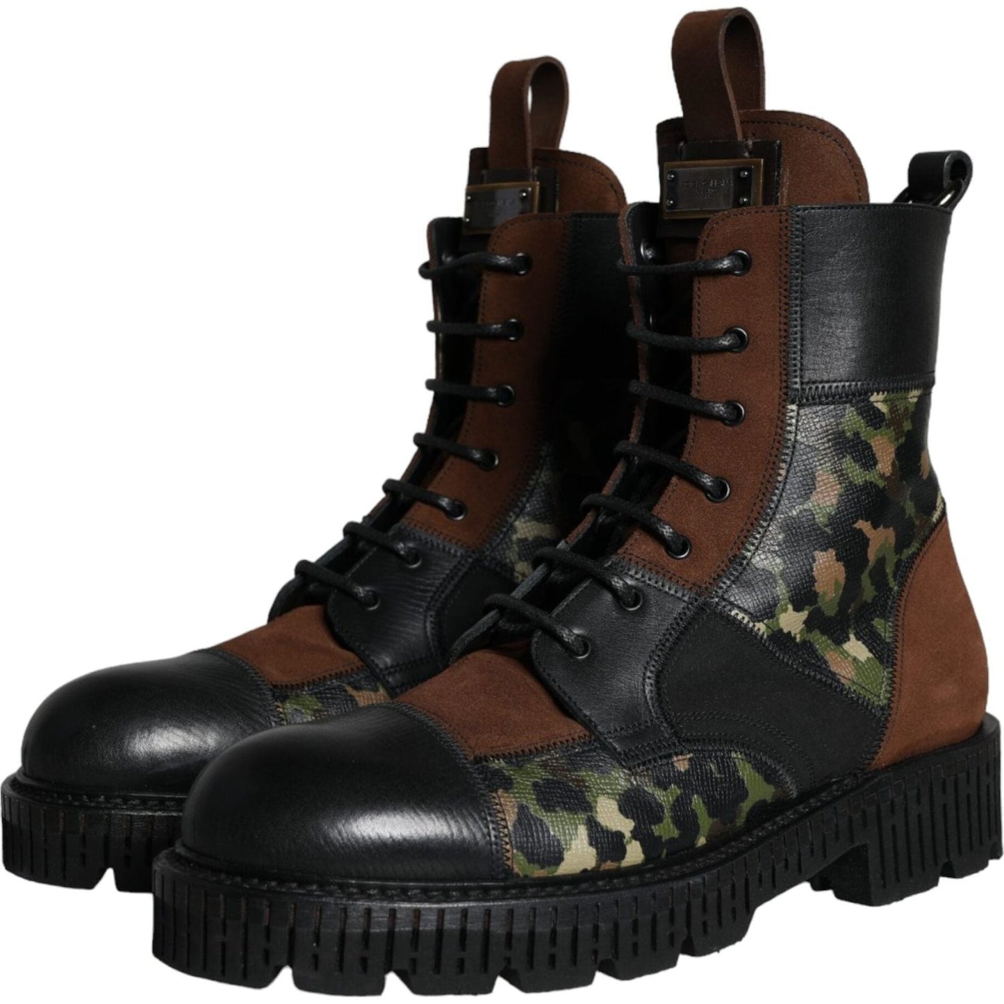 Dolce & Gabbana Brown Suede Camouflage Leather Combat Boots Shoes Dolce & Gabbana