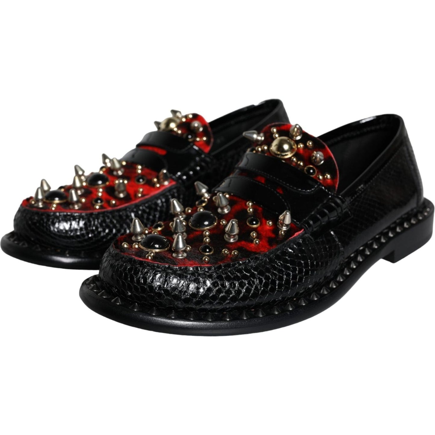 Dolce & Gabbana Black Leopard Print Studs Leather Loafers Shoes Dolce & Gabbana