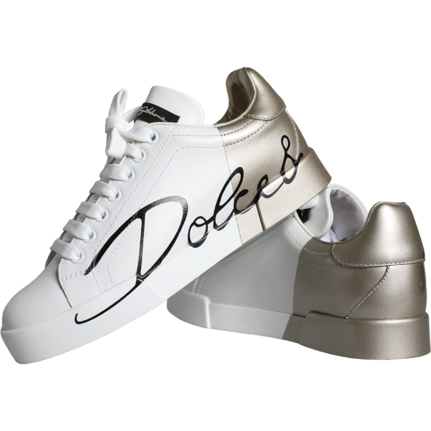 Dolce & Gabbana White Gold Portofino Low Top Leather Sneakers Shoes Dolce & Gabbana