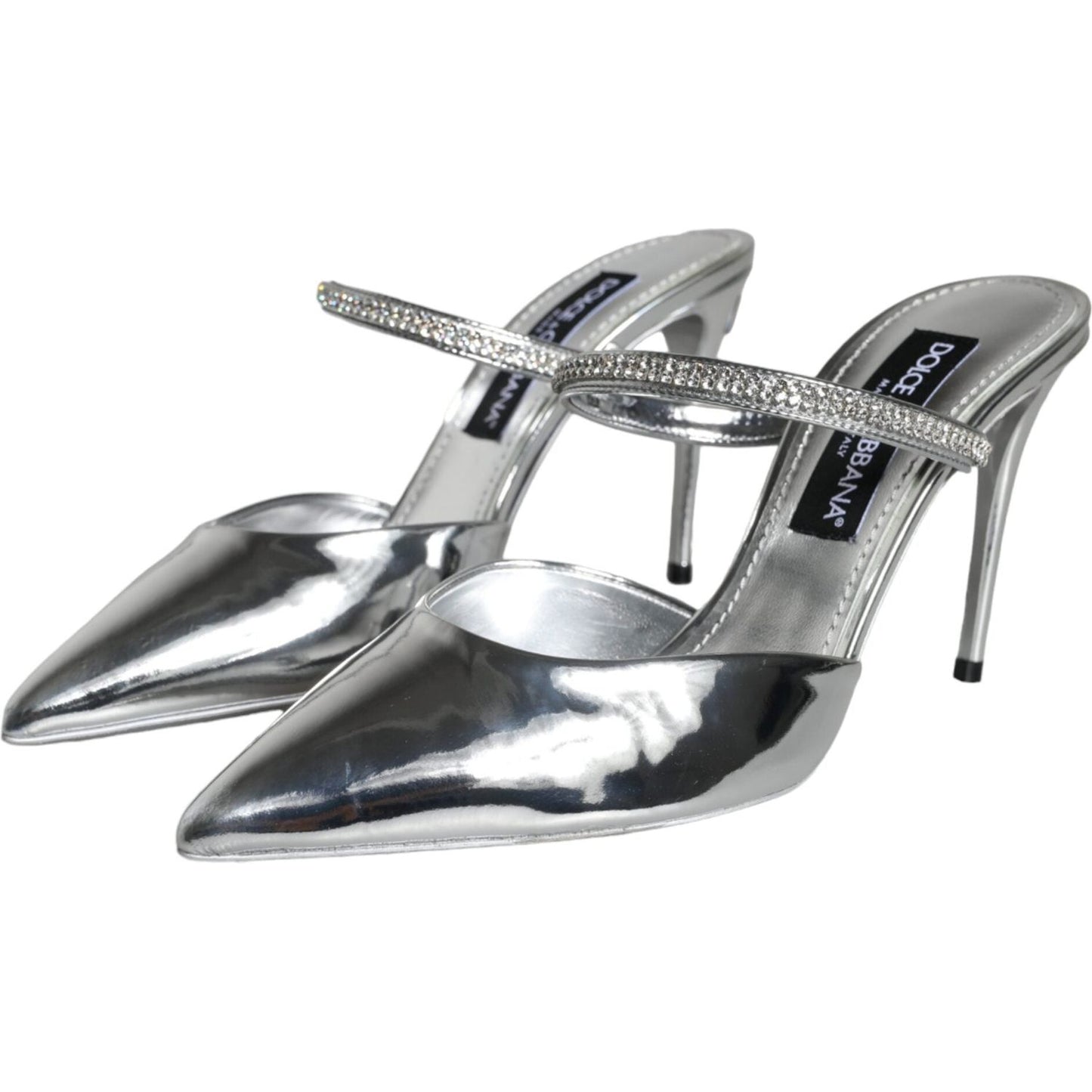 Dolce & Gabbana Silver Crystal Leather Slip On Sandals Shoes Dolce & Gabbana