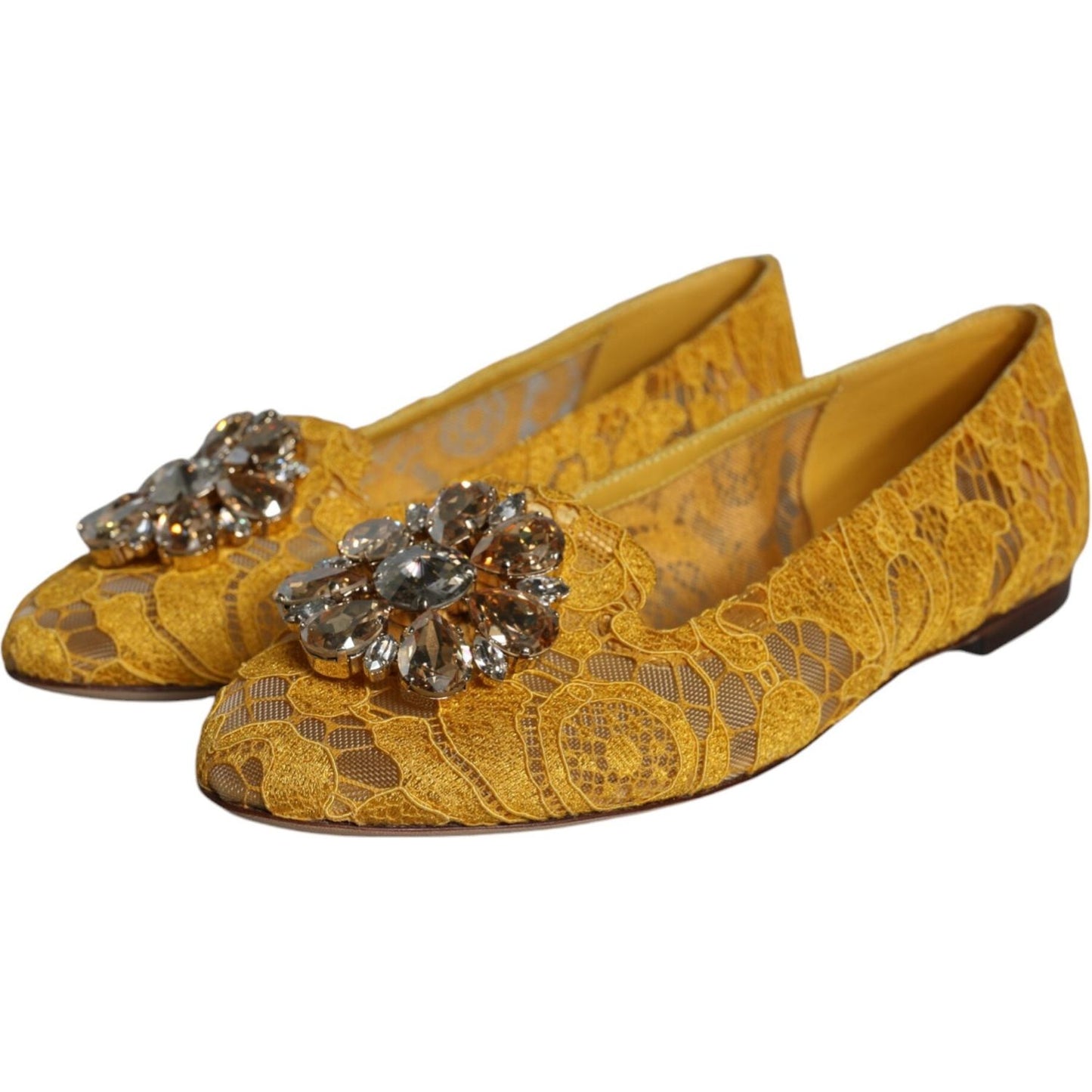 Dolce & Gabbana Mustard Lace Crystal Ballet Flats Loafer Shoes Dolce & Gabbana