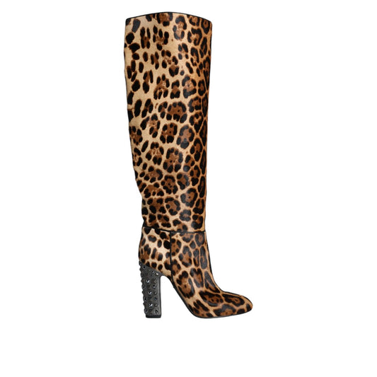Dolce & Gabbana Beige Black Leopard Knee High Boots Shoes Dolce & Gabbana
