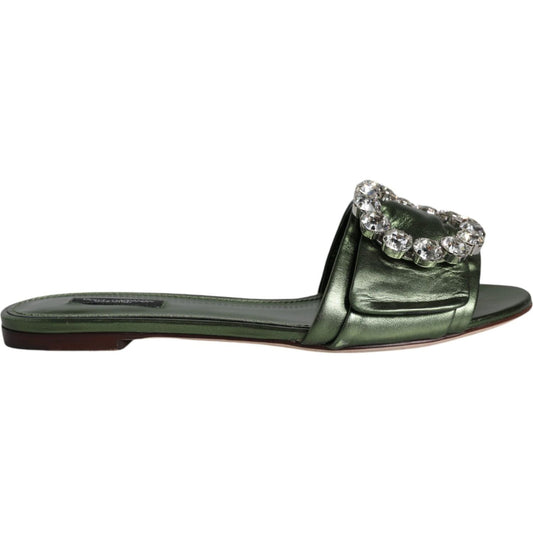 Dolce & Gabbana Metallic Green Crystal Leather Flats Sandals Shoes Dolce & Gabbana