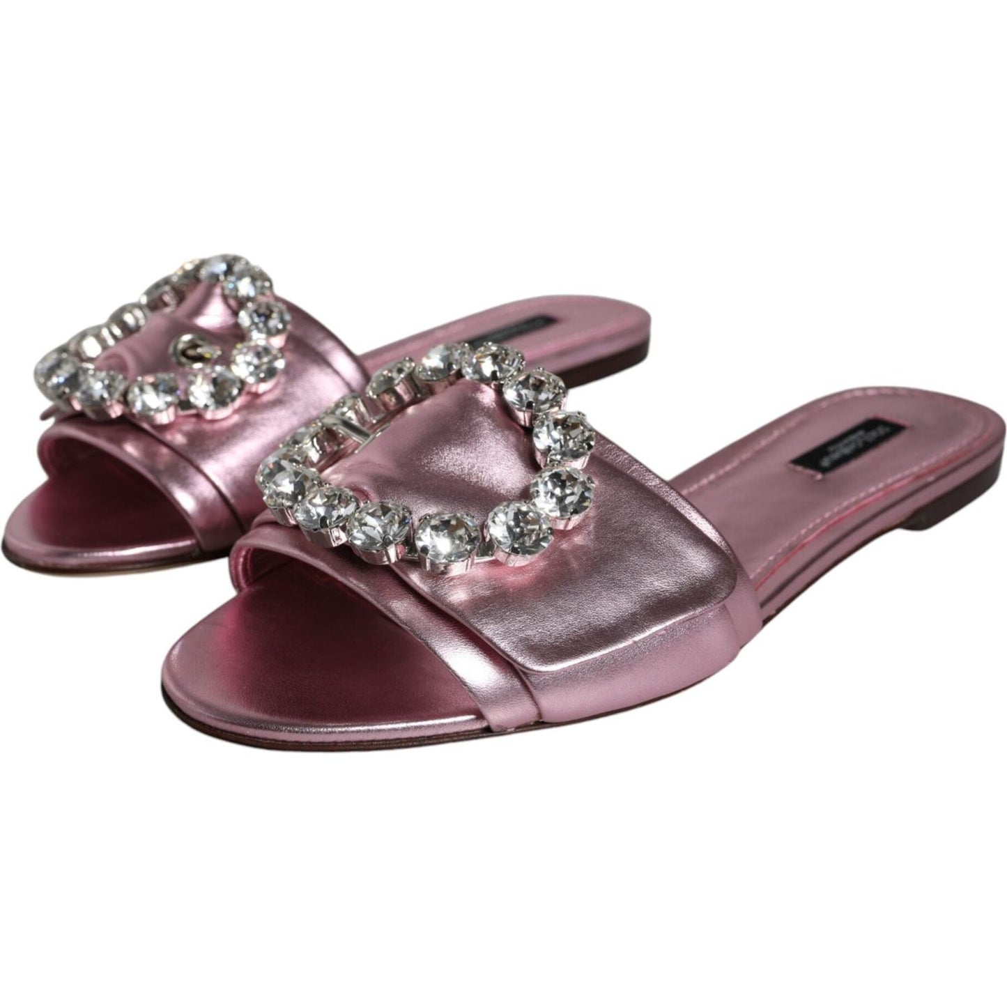 Dolce & Gabbana Metallic Pink Crystal Leather Flats Sandals Shoes Dolce & Gabbana