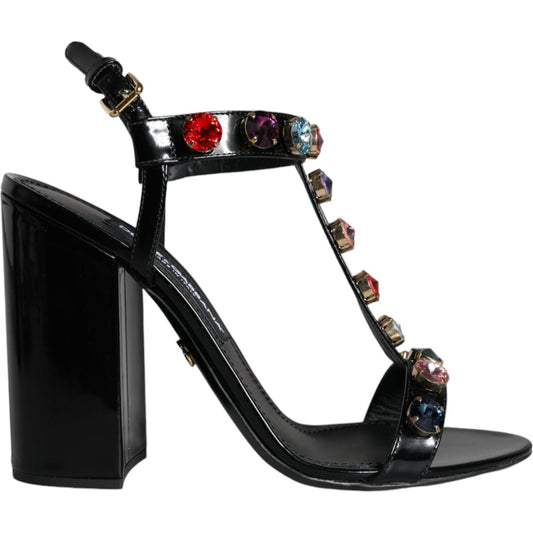 Dolce & Gabbana Black Crystal Leather T-strap Sandals Shoes Dolce & Gabbana