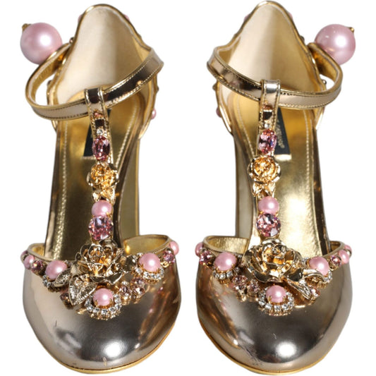 Dolce & Gabbana Gold Embellished Leather T-strap Heels Shoes Dolce & Gabbana